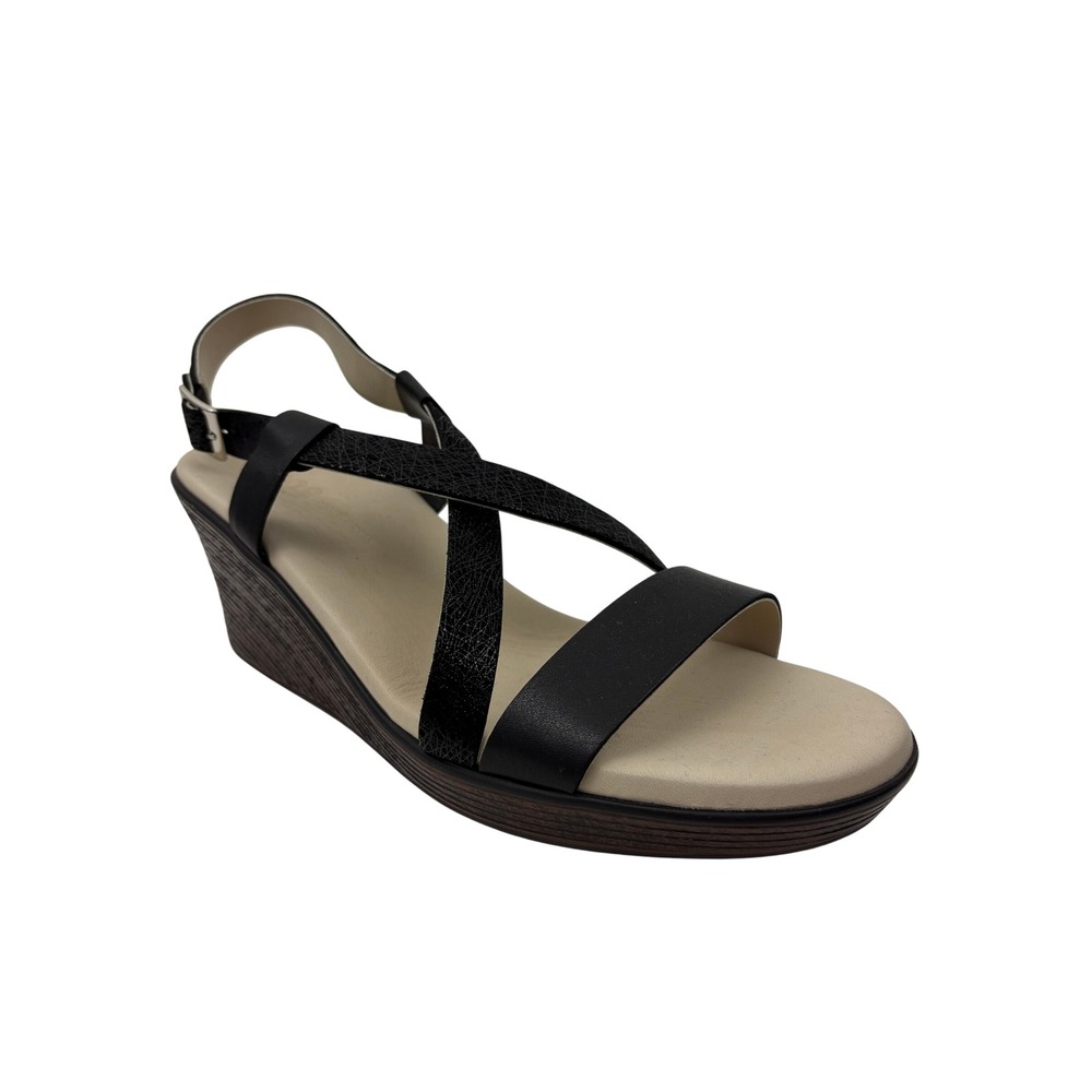 SAS Delight Wedge Heel Sandals Size 9.5 Black Web Leather Multi Strap Casual